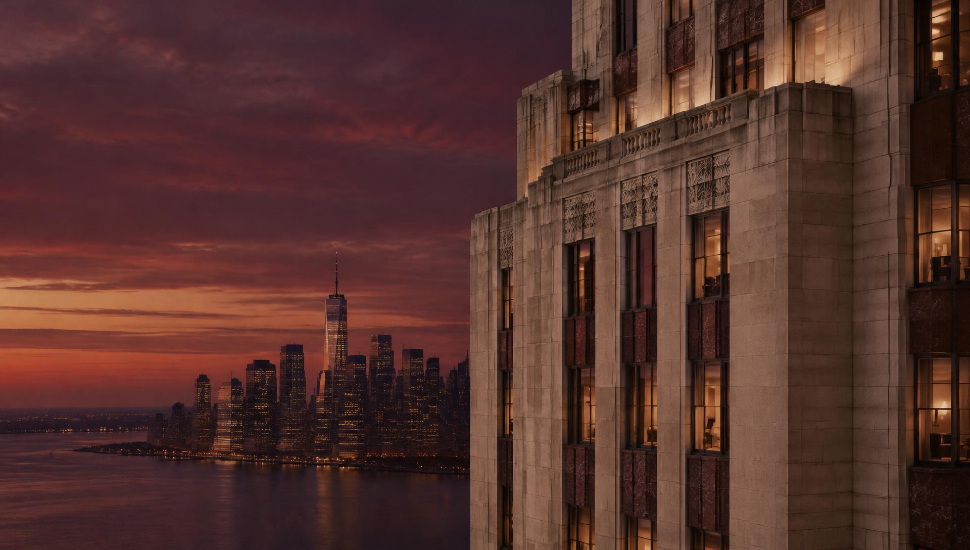 Art Deco skyscraper above Lower Manhattan at dusk